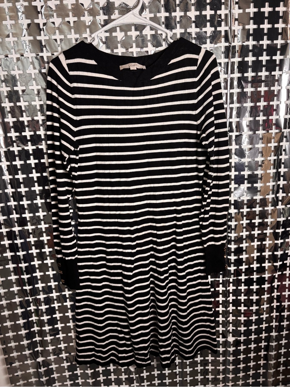 LOFT Black and White Striped Long Sleeve Dress
